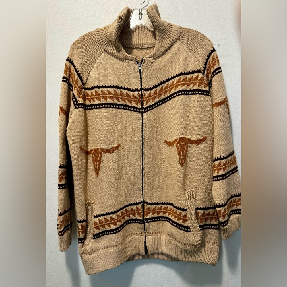 Chunky Sweater Jacket with Tribal print & Bull head in Tan & Brown. Large.